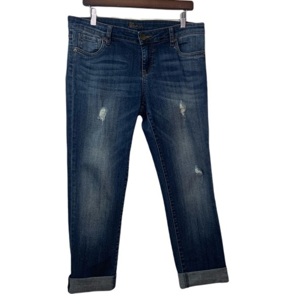 Kut From The Kloth Medium Blue Wash Distressed Roll Up Cropped Denim Jeans